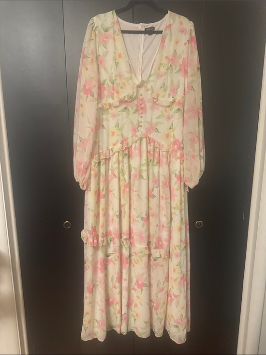 Boohoo Dresses & Skirts - Boohoo Cream Floral Ruffle Maxi Dress - Pink & Green Print